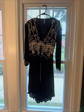 Free People Black Embroidered V-Neck Long Top